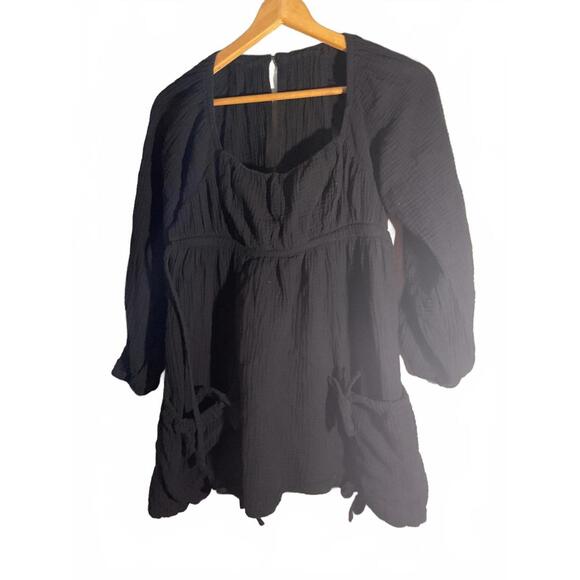 Black Gauze Open Back Long Sleeve Tunic  with Pockets Medium - Picture 2 of 11